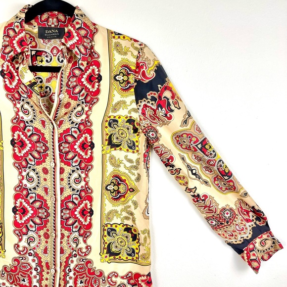 Mob Wife 100% Silk Shirt, Dana Buchman, Size 2 Petite, Gold & Red, Luxurious - Picture 3 of 13